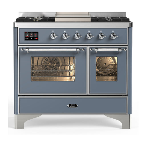 ILVE 40 Inch Majestic III Blue Grey Dual Fuel Range with 6 Black Brass Burners, Griddle and Dual Function Burner up to 25,000 BTU in Triple Glass Door Chrome