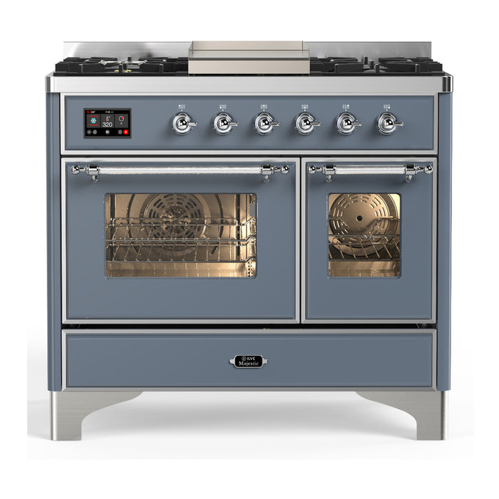 ILVE 40 Inch Majestic III Blue Grey Dual Fuel Range with 6 Black Brass Burners, Griddle and Dual Function Burner up to 25,000 BTU in Triple Glass Door Chrome