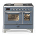 ILVE 40 Inch Majestic III Blue Grey Dual Fuel Range with 6 Black Brass Burners, Griddle and Dual Function Burner up to 25,000 BTU in Triple Glass Door Chrome