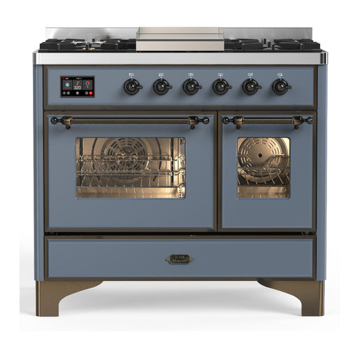 ILVE 40 Inch Majestic III Blue Grey Dual Fuel Range with 6 Black Brass Burners, Griddle and Dual Function Burner up to 25,000 BTU in Triple Glass Door Burnished