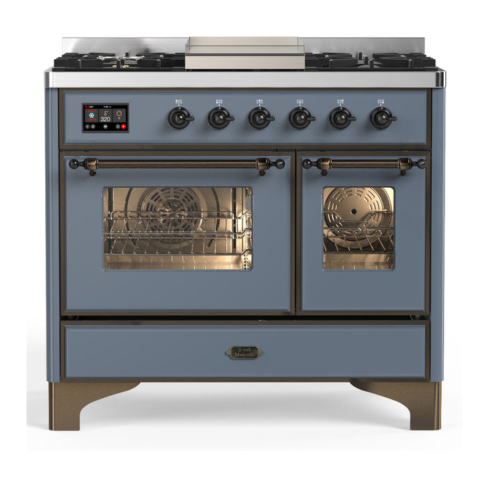 ILVE 40 Inch Majestic III Blue Grey Dual Fuel Range with 6 Black Brass Burners, Griddle and Dual Function Burner up to 25,000 BTU in Triple Glass Door Burnished