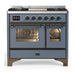 ILVE 40 Inch Majestic III Blue Grey Dual Fuel Range with 6 Black Brass Burners, Griddle and Dual Function Burner up to 25,000 BTU in Triple Glass Door Burnished