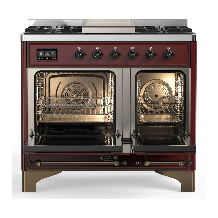 ILVE 40 Inch Majestic III Burgundy Dual Fuel Range with 6 Black Brass Burners, Griddle and Dual Function Burner up to 25,000 BTU in Solid Door Open