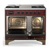 ILVE 40 Inch Majestic III Burgundy Dual Fuel Range with 6 Black Brass Burners, Griddle and Dual Function Burner up to 25,000 BTU in Solid Door Open