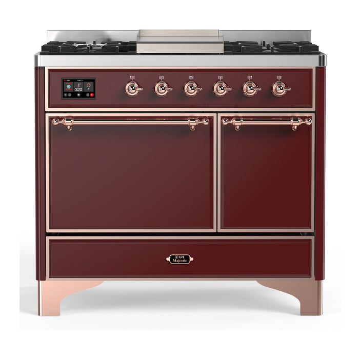 ILVE 40 Inch Majestic III Burgundy Dual Fuel Range with 6 Black Brass Burners, Griddle and Dual Function Burner up to 25,000 BTU in Solid Door Copper