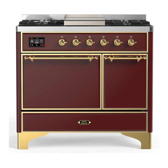 ILVE 40 Inch Majestic III Burgundy Dual Fuel Range with 6 Black Brass Burners, Griddle and Dual Function Burner up to 25,000 BTU in Solid Door Brass