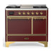 ILVE 40 Inch Majestic III Burgundy Dual Fuel Range with 6 Black Brass Burners, Griddle and Dual Function Burner up to 25,000 BTU in Solid Door Brass