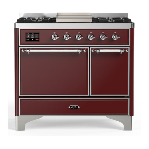 ILVE 40 Inch Majestic III Burgundy Dual Fuel Range with 6 Black Brass Burners, Griddle and Dual Function Burner up to 25,000 BTU in Solid Door Chrome