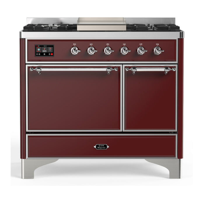 ILVE 40 Inch Majestic III Burgundy Dual Fuel Range with 6 Black Brass Burners, Griddle and Dual Function Burner up to 25,000 BTU in Solid Door Chrome