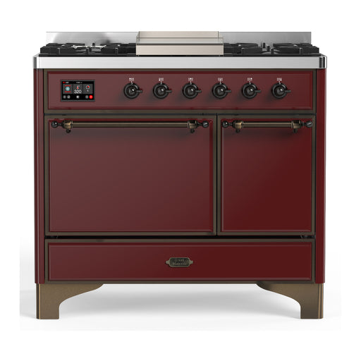 ILVE 40 Inch Majestic III Burgundy Dual Fuel Range with 6 Black Brass Burners, Griddle and Dual Function Burner up to 25,000 BTU in Solid Door Burnished