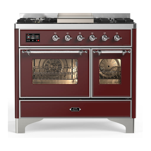 ILVE 40 Inch Majestic III Burgundy Dual Fuel Range with 6 Black Brass Burners, Griddle and Dual Function Burner up to 25,000 BTU in Triple Glass Door Chrome
