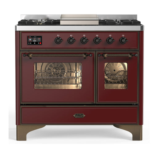 ILVE 40 Inch Majestic III Burgundy Dual Fuel Range with 6 Black Brass Burners, Griddle and Dual Function Burner up to 25,000 BTU in Triple Glass Door Burnished