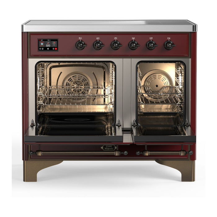 ILVE 40 Inch Majestic III Burgundy Induction with 6 Elements and 3.82 Cu. Ft. Oven Capacity in Solid Door Open
