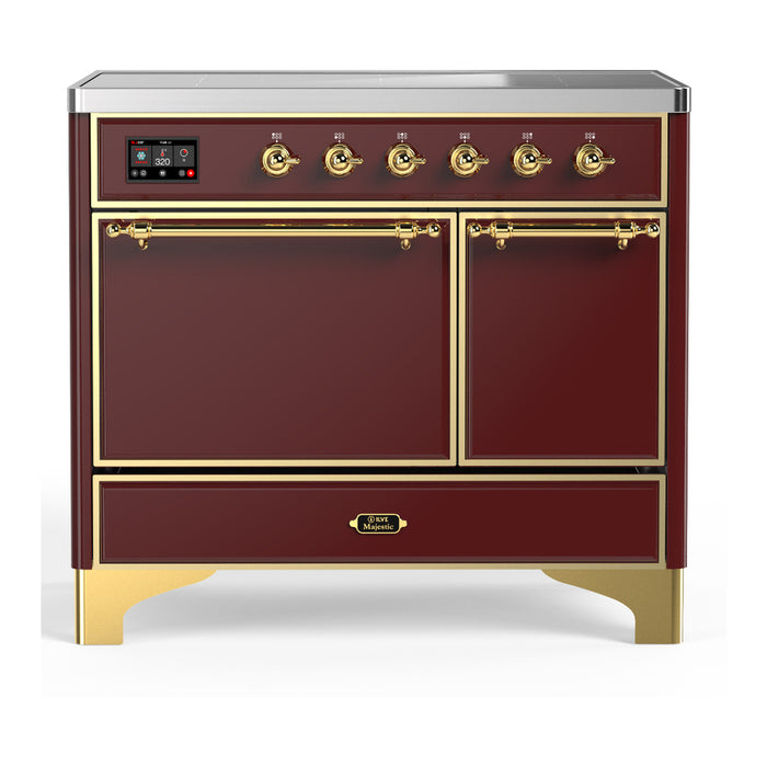 ILVE 40 Inch Majestic III Burgundy Induction with 6 Elements and 3.82 Cu. Ft. Oven Capacity in Solid Door Brass
