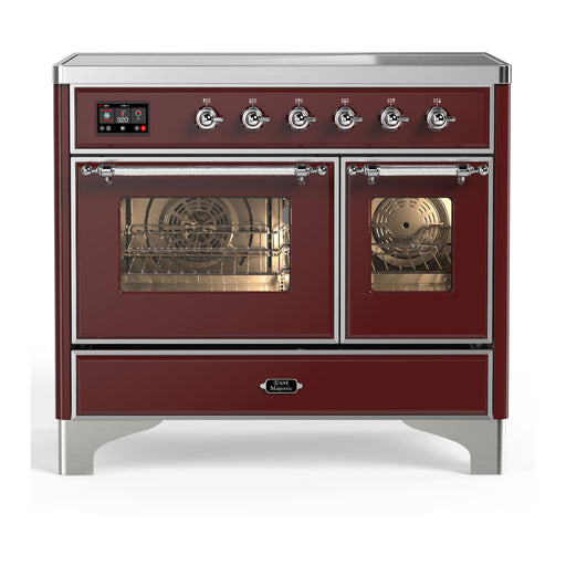 ILVE 40 Inch Majestic III Burgundy Induction with 6 Elements and 3.82 Cu. Ft. Oven Capacity in Triple Glass Door Chrome