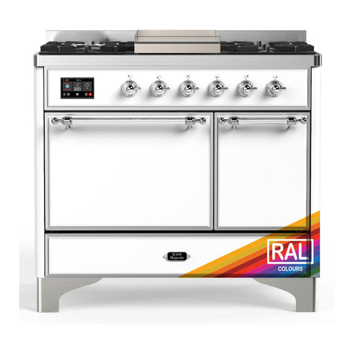 ILVE 40 Inch Majestic III Custom Color (RAL) Dual Fuel Range with 6 Black Brass Burners, Griddle and Dual Function Burner up to 25,000 BTU in Solid Door Chrome
