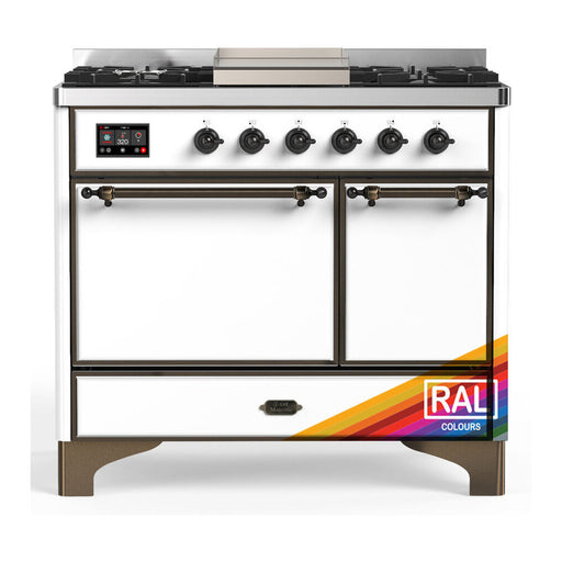ILVE 40 Inch Majestic III Custom Color (RAL) Dual Fuel Range with 6 Black Brass Burners, Griddle and Dual Function Burner up to 25,000 BTU in Solid Door Burnished