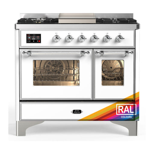 ILVE 40 Inch Majestic III Custom Color (RAL) Dual Fuel Range with 6 Black Brass Burners, Griddle and Dual Function Burner up to 25,000 BTU in Triple Glass Door Chrome