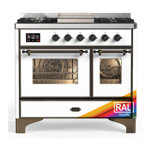 ILVE 40 Inch Majestic III Custom Color (RAL) Dual Fuel Range with 6 Black Brass Burners, Griddle and Dual Function Burner up to 25,000 BTU in Triple Glass Door Burnished