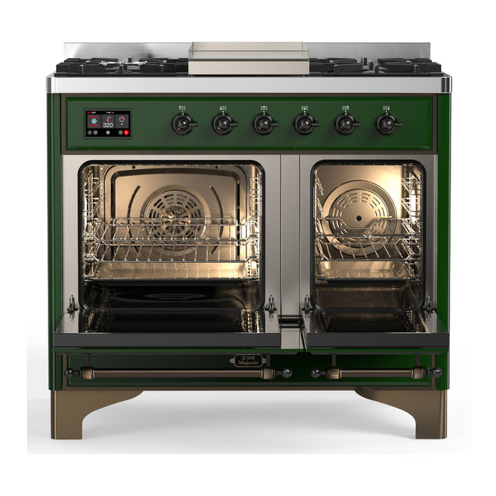ILVE 40 Inch Majestic III Emerald Green Dual Fuel Range with 6 Black Brass Burners, Griddle and Dual Function Burner up to 25,000 BTU in Solid Door Open