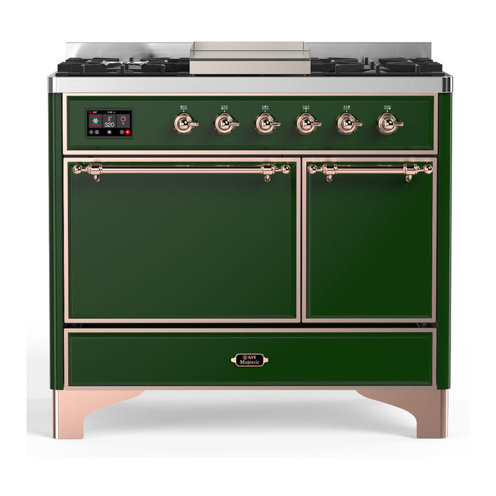 ILVE 40 Inch Majestic III Emerald Green Dual Fuel Range with 6 Black Brass Burners, Griddle and Dual Function Burner up to 25,000 BTU in Solid Door Brass