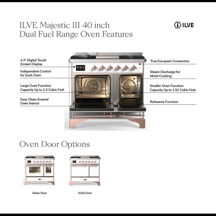 ILVE 40 Inch Majestic III Emerald Green Dual Fuel Range with 6 Black Brass Burners, Griddle and Dual Function Burner up to 25,000 BTU in Solid Door Features