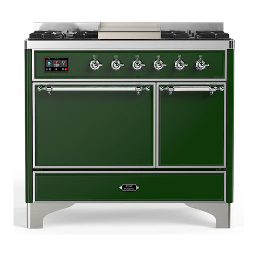 ILVE 40 Inch Majestic III Emerald Green Dual Fuel Range with 6 Black Brass Burners, Griddle and Dual Function Burner up to 25,000 BTU in Solid Door Chrome