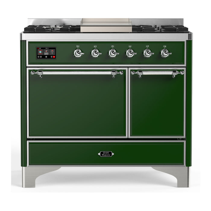 ILVE 40 Inch Majestic III Emerald Green Dual Fuel Range with 6 Black Brass Burners, Griddle and Dual Function Burner up to 25,000 BTU in Solid Door Chrome