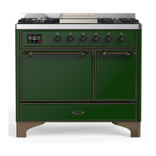 ILVE 40 Inch Majestic III Emerald Green Dual Fuel Range with 6 Black Brass Burners, Griddle and Dual Function Burner up to 25,000 BTU in Solid Door Burnished