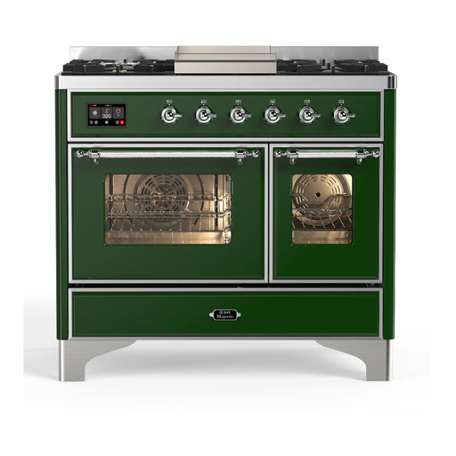 ILVE 40 Inch Majestic III Emerald Green Dual Fuel Range with 6 Black Brass Burners, Griddle and Dual Function Burner up to 25,000 BTU in Triple Glass Door Chrome