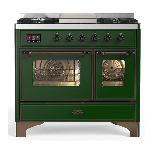 ILVE 40 Inch Majestic III Emerald Green Dual Fuel Range with 6 Black Brass Burners, Griddle and Dual Function Burner up to 25,000 BTU in Triple Glass Door Burnished