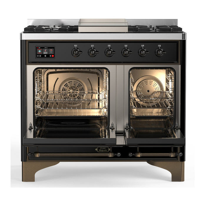 ILVE 40 Inch Majestic III Glossy Black Dual Fuel Range with 6 Black Brass Burners, Griddle and Dual Function Burner up to 25,000 BTU in Triple Glass Door Open