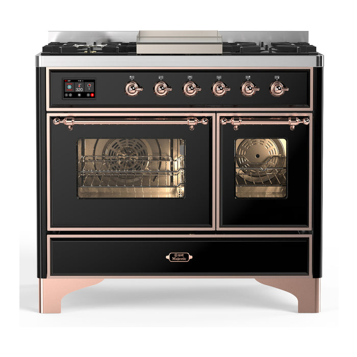 ILVE 40 Inch Majestic III Glossy Black Dual Fuel Range with 6 Black Brass Burners, Griddle and Dual Function Burner up to 25,000 BTU in Triple Glass Door Copper