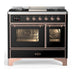 ILVE 40 Inch Majestic III Glossy Black Dual Fuel Range with 6 Black Brass Burners, Griddle and Dual Function Burner up to 25,000 BTU in Triple Glass Door Copper