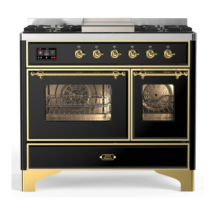 ILVE 40 Inch Majestic III Glossy Black Dual Fuel Range with 6 Black Brass Burners, Griddle and Dual Function Burner up to 25,000 BTU in Triple Glass Door Brass