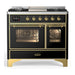 ILVE 40 Inch Majestic III Glossy Black Dual Fuel Range with 6 Black Brass Burners, Griddle and Dual Function Burner up to 25,000 BTU in Triple Glass Door Brass