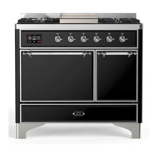 ILVE 40 Inch Majestic III Glossy Black Dual Fuel Range with 6 Black Brass Burners, Griddle and Dual Function Burner up to 25,000 BTU in Solid Door Chrome