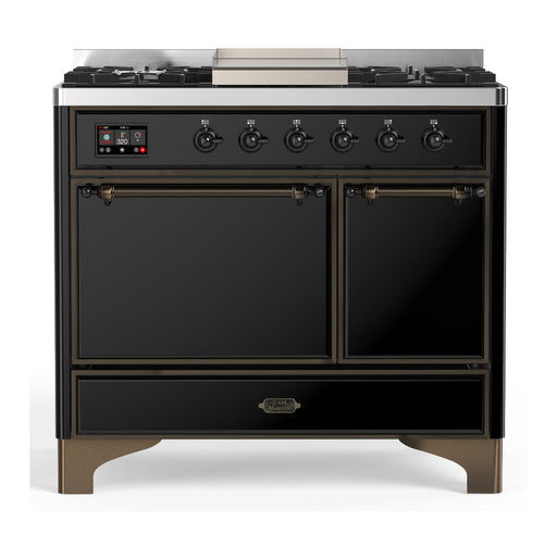 ILVE 40 Inch Majestic III Glossy Black Dual Fuel Range with 6 Black Brass Burners, Griddle and Dual Function Burner up to 25,000 BTU in Solid Door Burnished