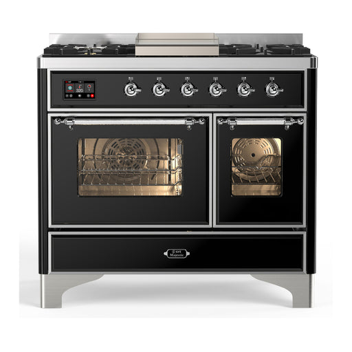 ILVE 40 Inch Majestic III Glossy Black Dual Fuel Range with 6 Black Brass Burners, Griddle and Dual Function Burner up to 25,000 BTU in Triple Glass Door Chrome