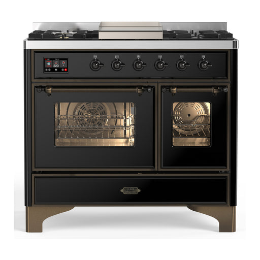 ILVE 40 Inch Majestic III Glossy Black Dual Fuel Range with 6 Black Brass Burners, Griddle and Dual Function Burner up to 25,000 BTU in Triple Glass Door Burnished