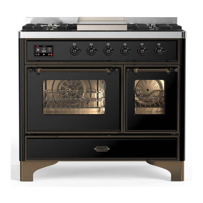 ILVE 40 Inch Majestic III Glossy Black Dual Fuel Range with 6 Black Brass Burners, Griddle and Dual Function Burner up to 25,000 BTU in Triple Glass Door Burnished