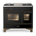 ILVE 40 Inch Majestic III Glossy Black Dual Fuel Range with 6 Black Brass Burners, Griddle and Dual Function Burner up to 25,000 BTU in Triple Glass Door Burnished