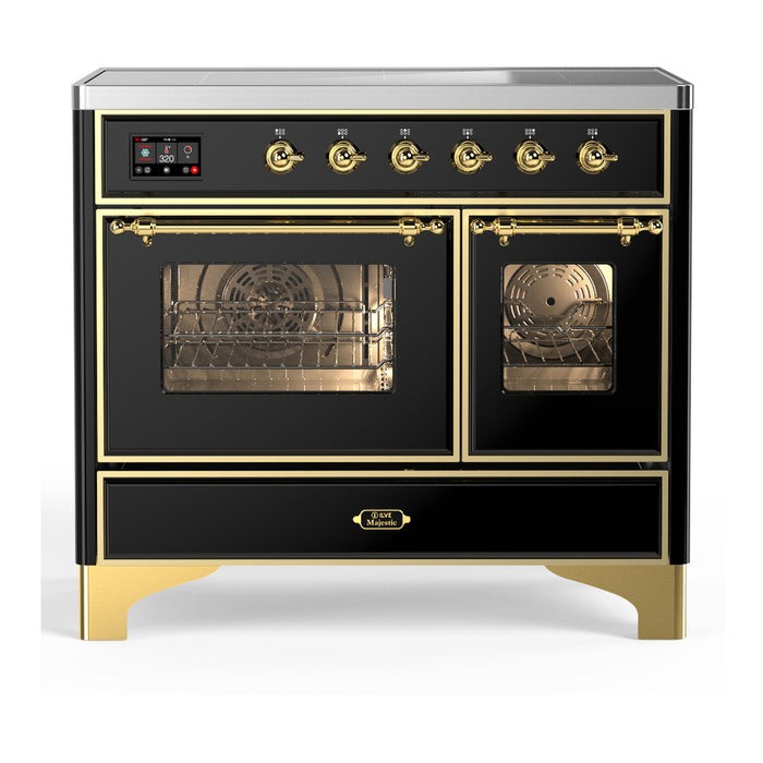 ILVE 40 Inch Majestic III Glossy Black Induction with 6 Elements and 3.82 Cu. Ft. Oven Capacity in Triple Glass Door Brass