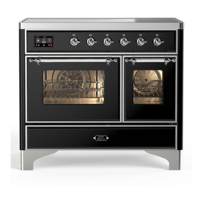 ILVE 40 Inch Majestic III Glossy Black Induction with 6 Elements and 3.82 Cu. Ft. Oven Capacity in Triple Glass Door Chrome