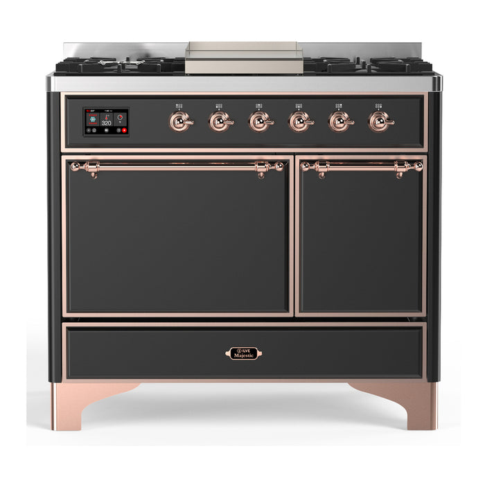 ILVE 40 Inch Majestic III Matte Graphite Dual Fuel Range with 6 Black Brass Burners, Griddle and Dual Function Burner up to 25,000 BTU in Solid Door Copper