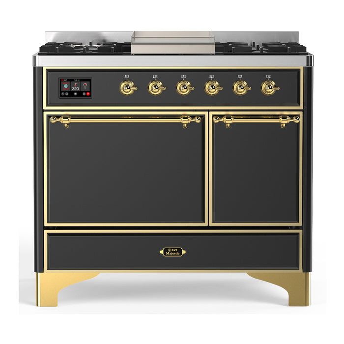 ILVE 40 Inch Majestic III Matte Graphite Dual Fuel Range with 6 Black Brass Burners, Griddle and Dual Function Burner up to 25,000 BTU in Solid Door Brass
