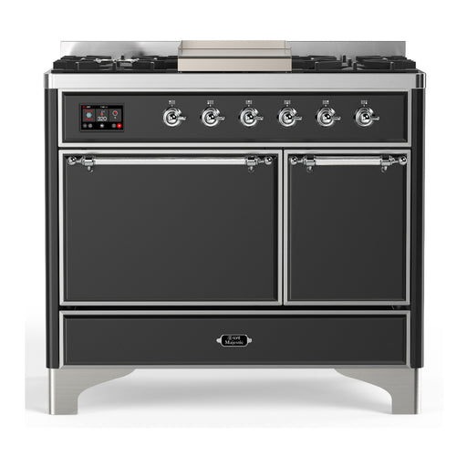 ILVE 40 Inch Majestic III Matte Graphite Dual Fuel Range with 6 Black Brass Burners, Griddle and Dual Function Burner up to 25,000 BTU in Solid Door Chorme