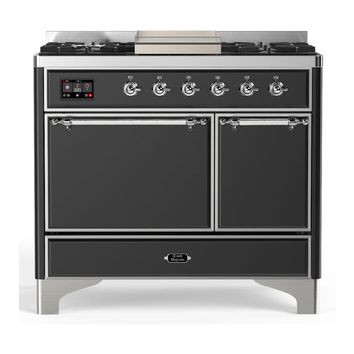 ILVE 40 Inch Majestic III Matte Graphite Dual Fuel Range with 6 Black Brass Burners, Griddle and Dual Function Burner up to 25,000 BTU in Solid Door Chorme