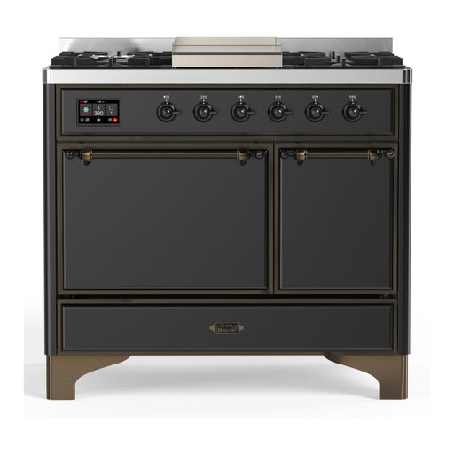 ILVE 40 Inch Majestic III Matte Graphite Dual Fuel Range with 6 Black Brass Burners, Griddle and Dual Function Burner up to 25,000 BTU in Solid Door Burnished
