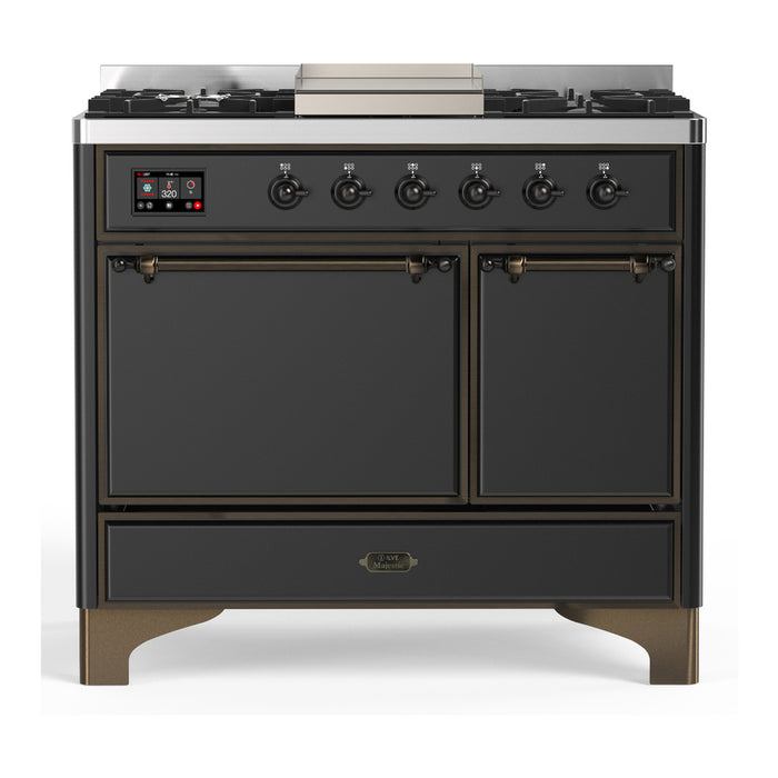 ILVE 40 Inch Majestic III Matte Graphite Dual Fuel Range with 6 Black Brass Burners, Griddle and Dual Function Burner up to 25,000 BTU in Solid Door Burnished